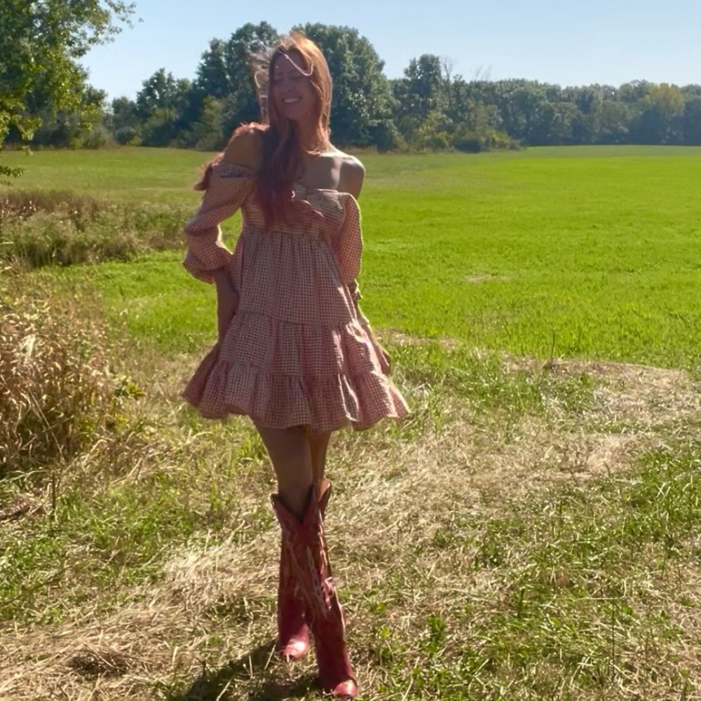 Red Gingham Off-Shoulder Dress with Boots